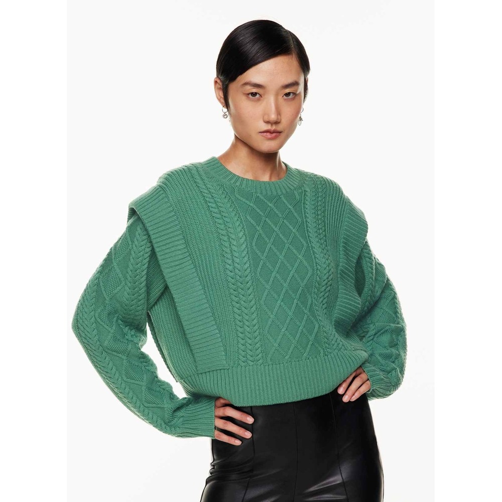 Aritzia Babaton Seek Sweater Green Merino Wool Cable Knit Shoulder Ruffle Medium